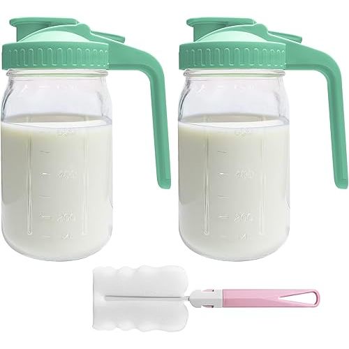 2 PACK Breast Milk Pitcher 32OZ Glass Breastmilk Pitcher with Lids Leak-proof Wide-mouth Storage Jars for Breastmilk, Resistant to Heat or Cold, Freezer-safe (Green)