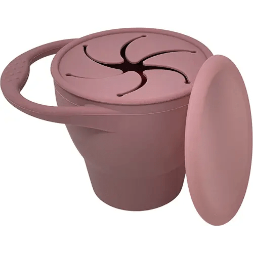 BraveJusticeKidsCo | Snack Attack Snack Cup | Collapsible Silicone Snack Container | Toddler and Baby Snack Catcher Lid (Dusty Rose)