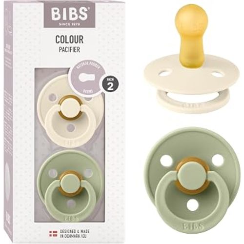 BIBS Colour Pacifiers | Set of 2 BPA-Free Latex Baby Pacifiers | Round Nipple | Made in Denmark (Sage/Ivory | 6-18 Months)