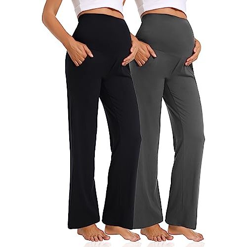 Foucome Women's Maternity Pants Casual Loose Wide Leg Cozy Pant Pregnancy Palazzo Lounge Trousers with Pockets