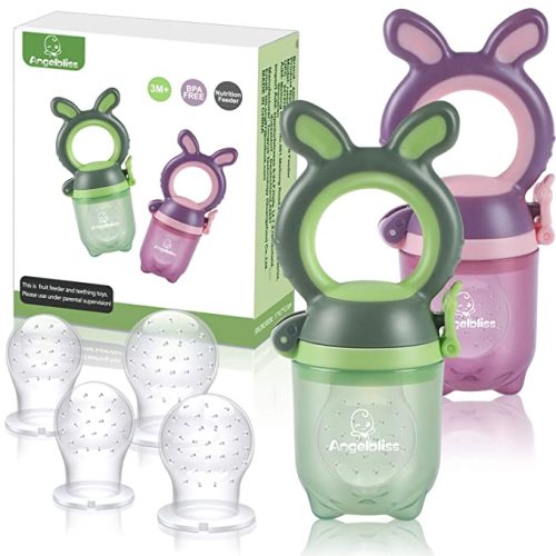 ANGELBLISS Baby Fruit Feeder Pacifier - Fresh Food Feeder, Infant Fruit Teething Toy for 3-24 Months Toddlers & Kids (Green/Purple 2 Pack) BPA Free, CPC Certified, 2 Count (Pack of 1)