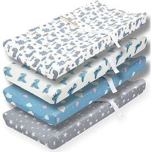 4 Pack Soft Baby Boy Sheets Dinosaur Star Cloud Soft Polyester Neutral Unisex Fitted Sheets Set for Baby Boys