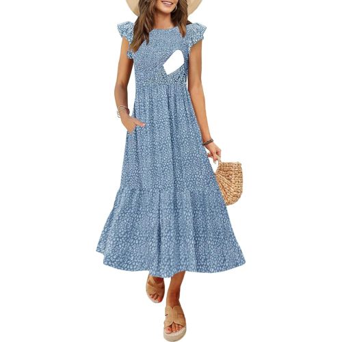 Women's Nursing Dress Flutter Short Sleeve Crew Neck Smocked Elastic Waist Tiered Midi with Pockets