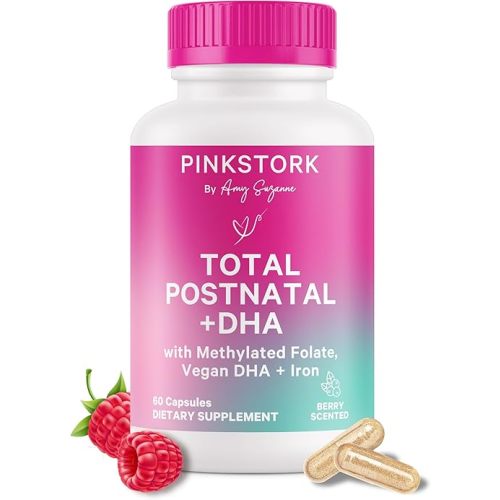 Pink Stork Total Postnatal Vitamins for Women with Vegan DHA, Iron, Folate, and Vitamin B12, Postpartum Recovery Essentials, Daily Supplement for Breastfeeding Moms - 1 Month Supply