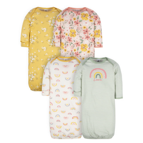 Gerber Baby Girls Lap Shoulder Gowns with Mitten Cuffs, 4-Pack, Preemie-0/6M