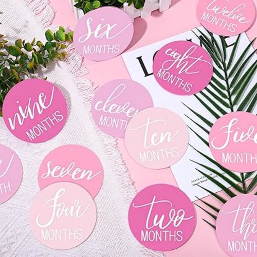 Whaline 12Pcs Baby Monthly Milestone Cards Pink Cursive Script Acrylic Marker Discs Rustic Baby Month Announcement Sign for Baby Pregnancy Growth Photo Prop, 3.9 x 3.9 Inch