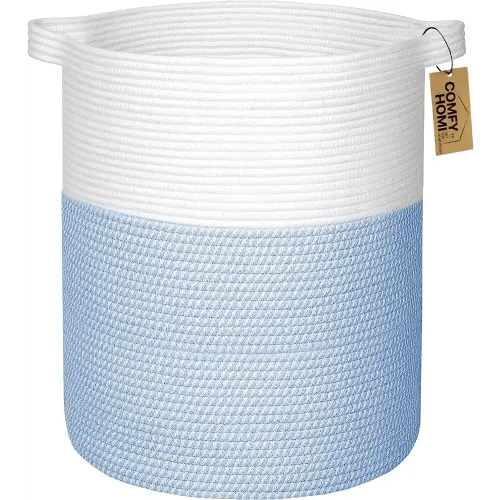 COMFY-HOMI XXL Large Laundry Basket with Handles Blanket Baskets Living Room|Woven Cotton Rope Decorative Basket Laundry Hamper Baby Basket Nursery Dog Toy Storage Organizer Bin-16”x18”-White/Blue