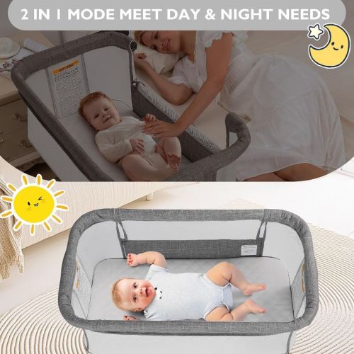 Kinder King Baby Bassinet 2 In 1 Bedside Sleeper Folding Portable W/storage Basket All-sided Mesh 6 Adjustable Height Comfy Mattress Dark Gray