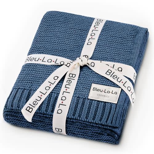 Bleu La La Heritage Knit Organic Cotton Receiving Swaddle Blanket for Boys - 100% Organic Soft Luxury Cotton Warm Cuddle Swaddling Crib Blanket for Newborns Infants Toddler (0-2Yrs - Denim Blue)