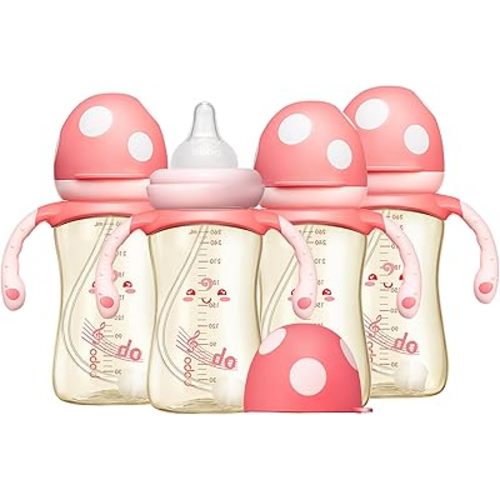 YOHKOH Natural PPSU Baby Bottle with Natural Response Nipple, Newborn Anti-Colic Baby Bottles with Handle, Wide Neck Mushroom Cap Baby Bottle (8.8oz (Pack of 4), Red1)