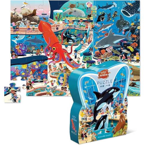 Crocodile Creek 48-Piece Jigsaw Floor Puzzle - Fun Floor Puzzles for Kids Ages 4-8 - Heavy-Duty Shaped Box for Storage - Day at the Aquarium - 18 x 24 inches Finished