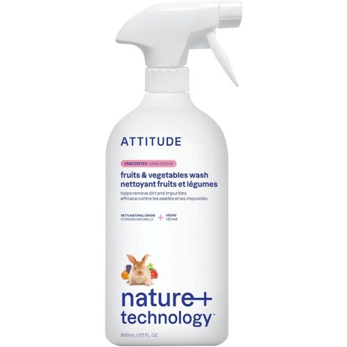 ATTITUDE Fruit and Vegetable Wash, Removes Wax, Dirt and Impurities, Plant- and Mineral-Based, Vegan, Unscented, 27.1 Fl Oz
