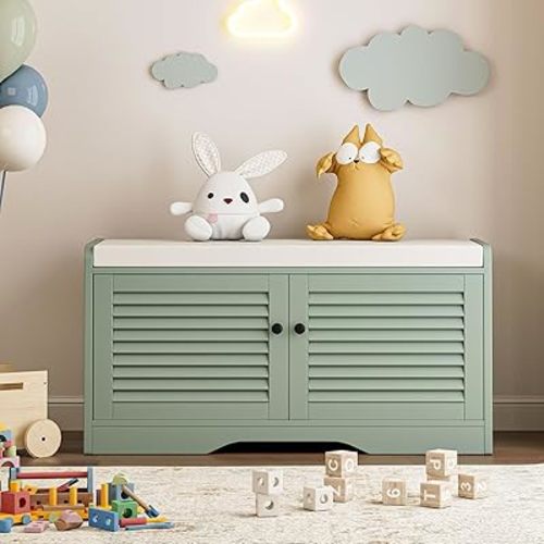 Shoe Storage Bench with Padded Seat Cushion, Classic Louvre Doors Shoe Bench for Entryway, Living Room, Bedroom, 13.7" Dx36.6 Wx18.3 H,Mint Green