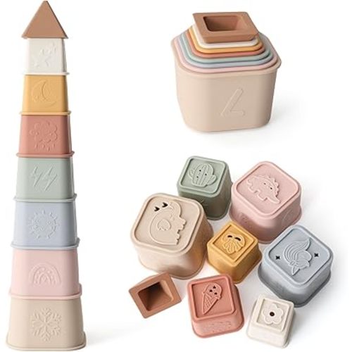 Baby Stacking Cups Toy, Silicone Stacking Tower, Silicone Soft Teething Toy Educational Baby Toys, Baby Building Toys Blocks, 6 Months+, 8 Pcs Set-Gentle