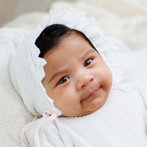 Paty Knit White Bonnet w/ Eyelet Trim and Ribbon Tie
