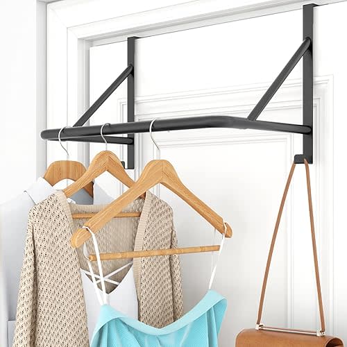 Over The Door Clothes Hanger Rod, Metal Over Door Hanger for Clothes, Clothes Drying Rack for Door for Laundry, Bedroom, Washroom, Fits Door Up to 1.97", Black