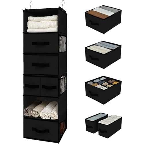 GRANNY SAYS Hanging Closet Organizer 6 Shelves, Closet Organization and Storage with 5 Different Drawers, 6 Side Pockets Wardrobe Clothes Organizer for Closet, Black, 1-Pack