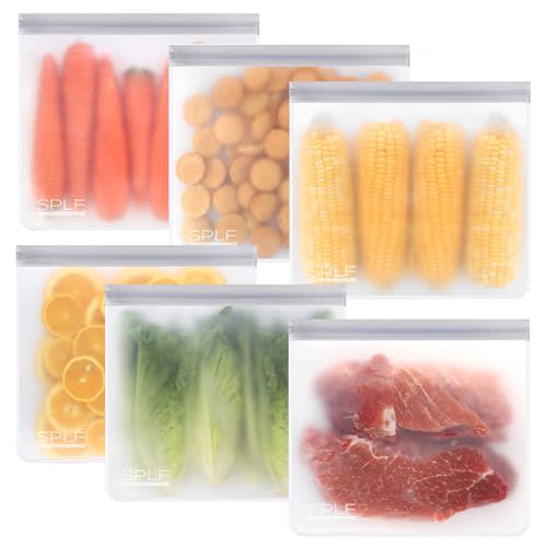 SPLF 6 Pack Reusable Gallon Freezer Bags Dishwasher Safe, BPA FREE Reusable Food Storage Bags, Extra Thick Leakproof Silicone and Plastic Free for Marinate Meats, Cereal, Sandwich, Snack, Travel Items
