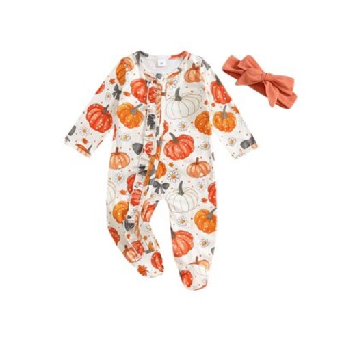 Qtinghua Newborn Baby Girl Clothes Infant Pumpkin Long Sleeve Romper Jumpsuit Halloween Outfits