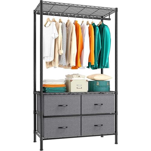 Raybee Clothes Rack with 4 Drawers and Shelves,Heavy Duty Clothing Rack for Hanging Clothes,Portable,Sturdy and Durable,Black