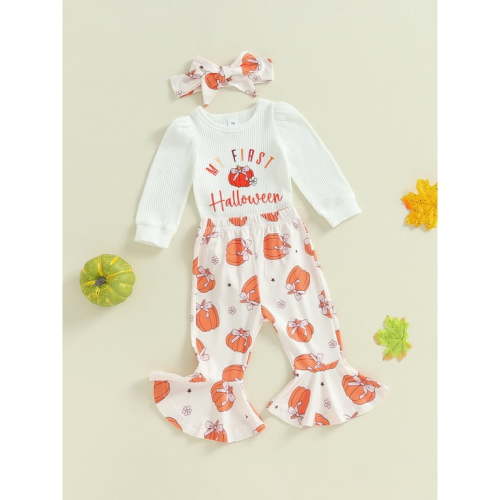 Baby Girl 3Pcs Set Halloween Outfits Long Sleeve Romper Pants and Headband Set Cute Holiday Clothes
