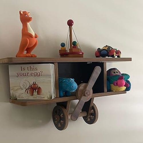 Kids Children's Room Airplane Wall Shelf, Aeroplane Shaped Bookcase Flower Cactus Wall Bookshelf, Decor for Nursery Teen Child’s Room Bedroom Office (White&Wood Color)