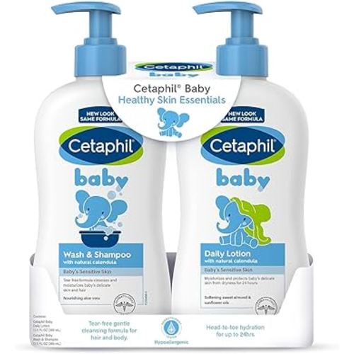 Cetaphil Baby Wash & Shampoo Plus Body Lotion, Healthy Skin Essentials, Head to Toe Hydration for up to 24 Hours, for Delicate, Sensitive Skin, 2-Pack,White