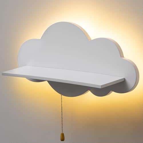 Lineshading Cloud Nursery Lamp with Shelf Floating Shelf for Wall with LED Light Wooden Wall Mounted Nursery Bookshelf Cute Cloud Shaped Hanging Night Lights for Baby Kids Nursery Bedroom Wall Decor