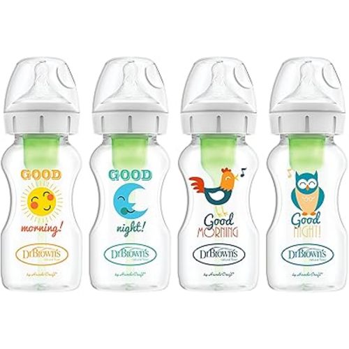 Dr. Brown's Natural Flow Anti-Colic Options+ Wide-Neck Baby Bottles, 9 oz/270 mL, with Level 1 Slow Flow Nipple, 4 Pack Good Morning/Good Night Gift Set