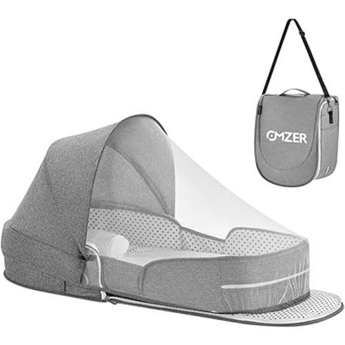 omzer Baby Travel Bassinet Portable Bassinets - Foldable Baby Co-Sleeping Bed Lightweight Travel Pod Infant Travel Bed with 2-1 Mosquito & Canopy Grey