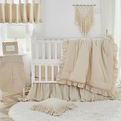 Brandream Baby Crib Bedding Set for Girls Boys Gender Neutral Boho Bohemian Farmhouse Chic Ruffle 6-Piece Nursery Bedding Set - 100% Washed Cotton Beige