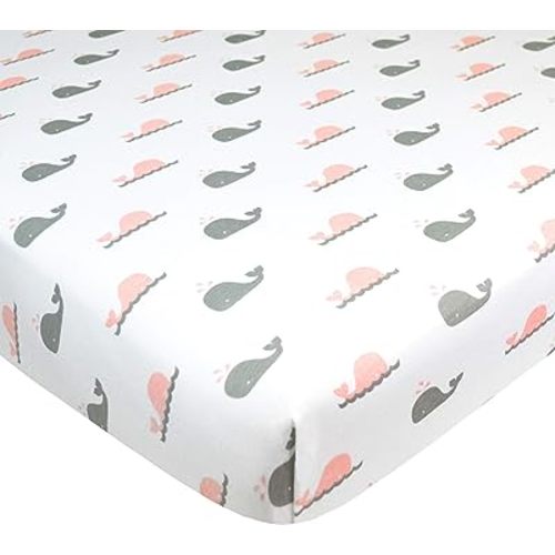 American Baby Company Printed 100% Natural Cotton Jersey Knit Fitted Portable/Mini-Crib Sheet, Pink Whale, for Girls