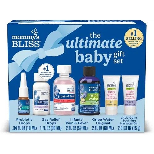 Mommy’s Bliss Ultimate Baby Gift Set | Gripe Water, Probiotic Drops, Pain & Fever Medicine, Gas Relief Drops, and Gum Massage Gel