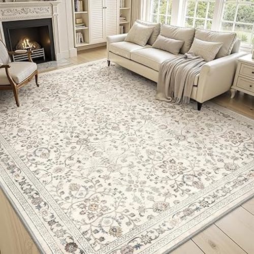 MontVoo-Vintage Area Rug 8X10 Beige for Living Room - Soft Distressed Printed Carpet for Bedroom - Non Slip, Machine Washable for Dining Room, Bedside, Office