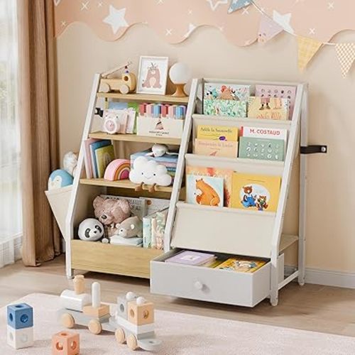 Kids Bookshelf and Toy Storage - Kids Book Shelf for Kids Rooms, Toddler Bookshelf Baby Bookcase for Nursery, Montessori Toy Organizer, White (Burlywood)