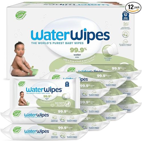 WaterWipes Plastic-Free Textured Clean, Toddler & Baby Wipes, 99.9% Water Based Wipes, Unscented & Hypoallergenic for Sensitive Skin, 60 Count (12 packs), Packaging May Vary