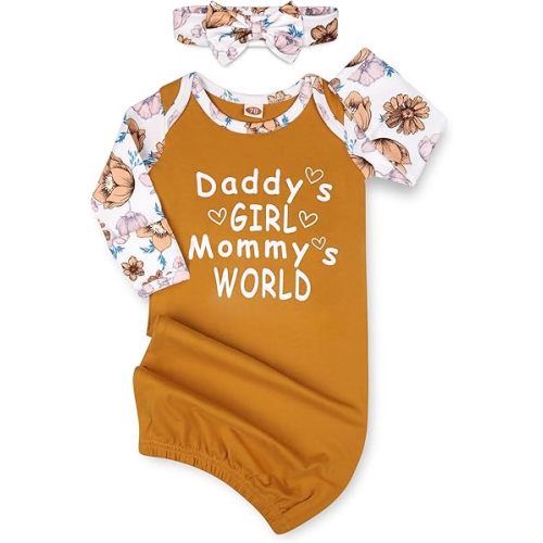 Newborn Baby Girl Gown 0-6 Months, Super Soft Newborn Sleepers Gown, Long Sleeve Infant Nightgown for Girls, Baby Girl Outfit Essential with Headband Set Orange Yellow