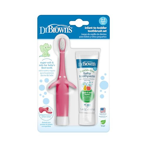 Dr. Brown's Infant-to-Toddler Training Toothbrush Set, Pink Elephant with Fluoride-Free Apple Pear Baby Toothpaste, 0-3 years (Colors May Vary)