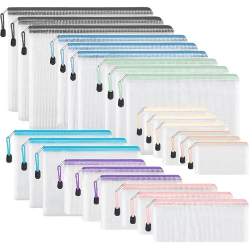 EOOUT 24pcs Mesh Zipper Pouch, Waterproof Zipper Bags, 8 Sizes Plastic Travel Pouch, 8 Colors, Multipurpose for Office Supplies and Travel Storage