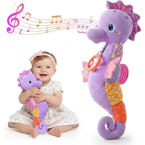 Baby Toys 0-6 Months,Infant Musical Seahorse Stuffed Animals Sensory Toys with Bright Colors,Multiple Textures,Rattles & Crinkle Sound Paper,Tummy Time Toy for Newborn Boys Girls 0-12 Months-Purple