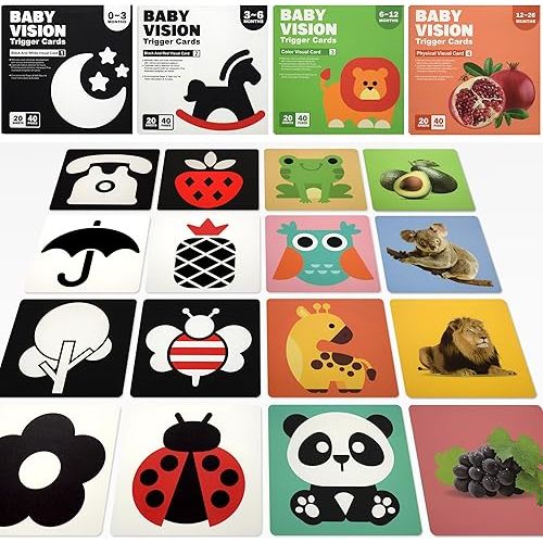 High Contrast Baby Flashcards 80 PCs 160 Page Visual Stimulation Learning Activity Cards for Newborn Infants up to 36 Months, Perfect Educational Toys Gift