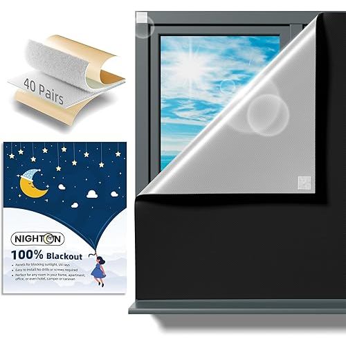 NIGHTON Portable Blackout Curtains 71"×57" Strong Hook and Loop Tape Strips with Adhesive,Black out Shades That can be Cut,100% Blackout Material Blackout Blinds for Baby Nursery or Travel-Black 2Pack