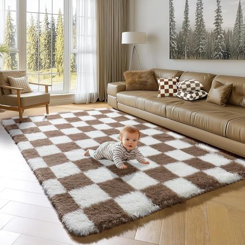 KICMOR 4x6 Brown and Cream White Area Rugs for Bedroom, Fluffy Shag Shaggy Fuzzy Checkered Living Room Rug, Soft and Comfy Bedside Carpet, Furry Plush Rug for Kids Room Nursery Home Decor Aesthetic