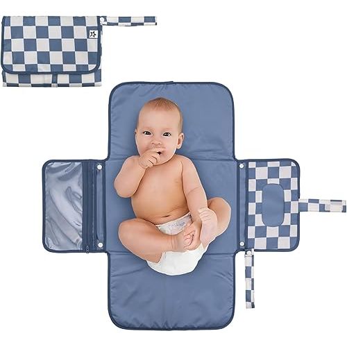 Portable Diaper Changing Pad, Foldable Waterproof Baby Change Pad for Newborn Girl & Boy with Smart Wipes Pocket (Blue Checkers)