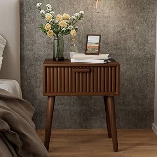 COSIEST Modern End Table w Striped Pattern, Mid-Century Nightstand w Storage Drawer, Small Wood Accent End Table for Bedroom, Living Room