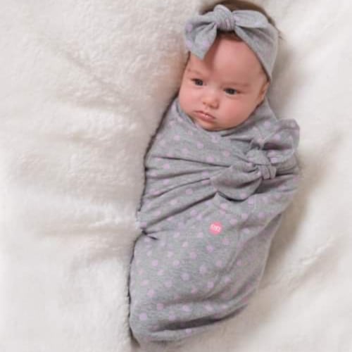 Grey with Pink Dots Cozy Wrap Set | Shop Cozy Cocoon Baby Buntings at SugarBabies
