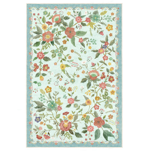 Boho Floral Area Rug with Non-Slip Backing - Machine Washable, Vintage Oriental Rug for Living Room, Bedroom, and Office
