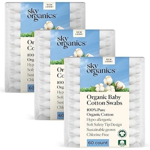 Sky Organics - Organic Baby Cotton Swabs, 180 ct. - Ultra Soft Baby Safe Tips - Strong & Durable - Hypoallergenic - Chlorine Free - Natural, Vegan & Cruelty Free - Skin Care & Baby Care