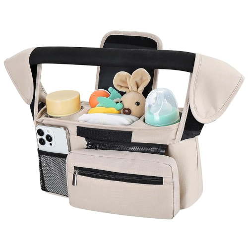 Universal Stroller Organizer with Insulated Cup Holder Detachable Phone Bag and Shoulder Strap,Stroller Bag Caddy Organizer Fits for Uppababy, Baby Jogger, Britax Strollers