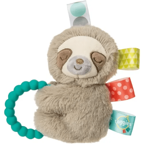 Taggies Sensory Stuffed Animal Soft Rattle with Teether Ring, Molasses Sloth